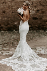 Sexy Long White Spaghetti Straps Mermaid Backless Wedding Dress with Lace