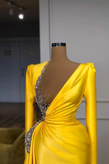 Sexy Long Yellow V-neck Sequined Split Prom Dress With Long Sleeves-misshow.com