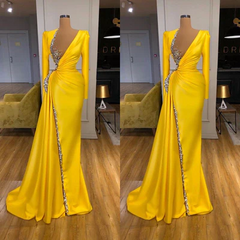 Sexy Long Yellow V-neck Sequined Split Prom Dress With Long Sleeves-misshow.com