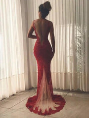 Sexy Mermaid Lace Open Back V Neck Side Split Long Prom Dresses-misshow.com