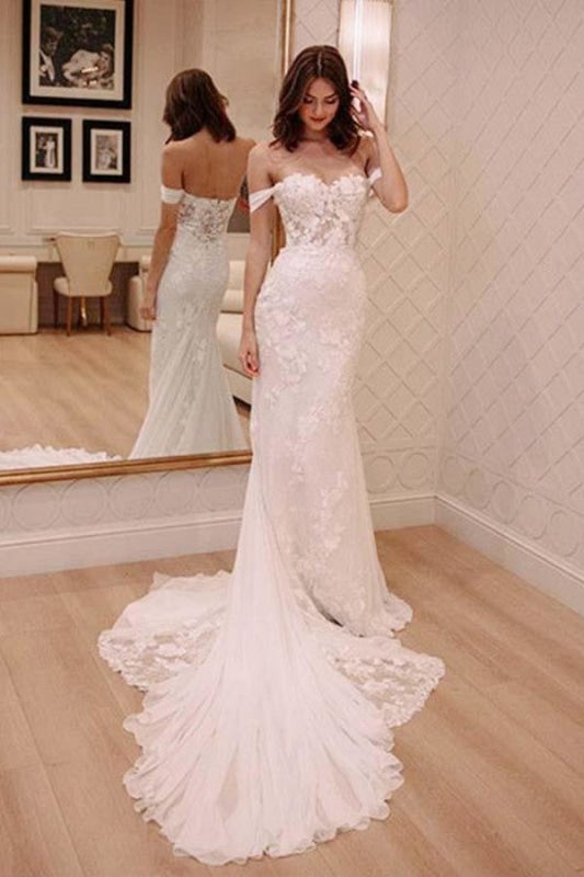 Sexy Off Shoulder Appliqued Beach with Court Train Ivory Elegant Wedding Dresses