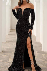 Sexy Off The Shoulder Black Sequined Front-Split Prom Dresses With Long Sleeves-misshow.com