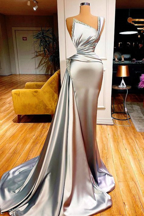 Sexy One Shoulder Slim Mermaid Evening Dress with Sweep Train-misshow.com