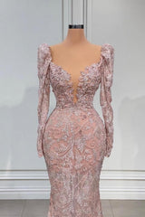 Sexy Pink V-neck Long Sleeves Lace Mermaid Prom Dress Evening Gowns-misshow.com