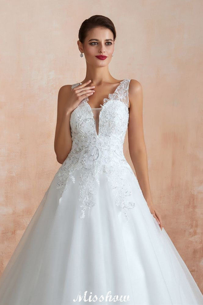 MISSHOW offers Sexy Pluging V-Neck Wedding Dress Sheer Lace Aline Bridal Gown at a good price from White,Ivory,Tulle to A-line,Ball Gown,Princess Floor-length them. Stunning yet affordable Sleeveless .