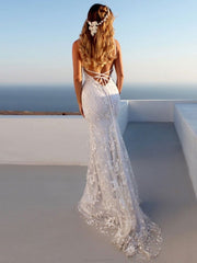 Sexy Pretty Mermaid Elegant Wedding Dresses White V-Neck Backless Lace Bridal Dresses