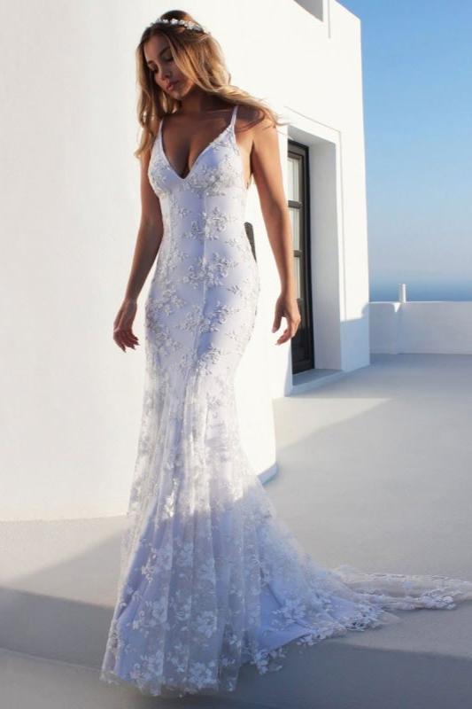 Sexy Pretty Mermaid Elegant Wedding Dresses White V-Neck Backless Lace Bridal Dresses