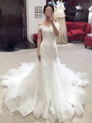 Sexy Pretty Mermaid Off-the-shoulder Chapel Train Lace Applique Elegant Wedding Dresses