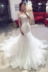 Sexy Pretty Mermaid Off-the-shoulder Chapel Train Lace Applique Elegant Wedding Dresses