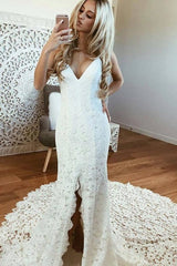 Sexy Pretty Mermaid Spaghetti Straps Backless Beach Lace Elegant Wedding Dresses