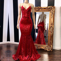 Sexy Red Sequins Spaghetti Straps Mermaid Evening Gowns-misshow.com