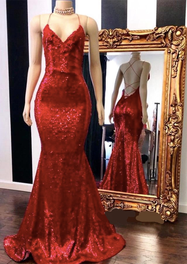 Sexy Red Sequins Spaghetti Straps Mermaid Evening Gowns-misshow.com