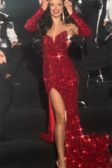 Sexy Red V-neck Sleeveless Sequined Split Front Mermaid Prom Dress-misshow.com