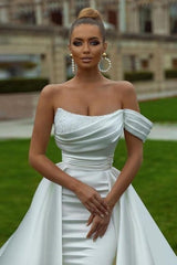 Sexy Satin A-line Off-the-shoulder Sleeveless Sequined Wedding Dress With Slit-misshow.com