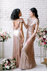 Sexy Sequined Bridesmaid Dresses Rose Gold Long Wedding Guest Dresses-misshow.com