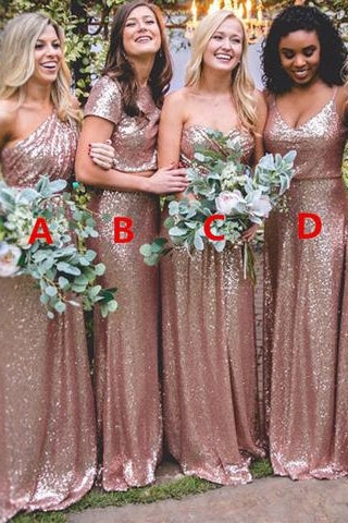 Sexy Sequined Bridesmaid Dresses Rose Gold Long Wedding Guest Dresses-misshow.com