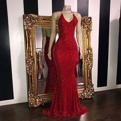 Sexy Sequins Sleeveless Mermaid Prom Dresses | Glitter Halter Red Evening Gowns-misshow.com