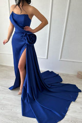 Sexy Simple Long Royal Blue Strapless Satin Prom Dress With Slit