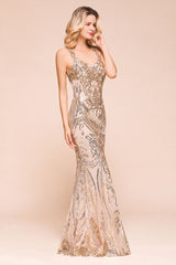 MISSHOW offers Sexy Sleeveless Mermaid Prom Gown Sparkly Gold Pattern Floor Length Straps Evening Dress at a good price from Champagne,Silver,Tulle to Mermaid Floor-length them. Stunning yet affordable Sleeveless Prom Dresses,Evening Dresses.