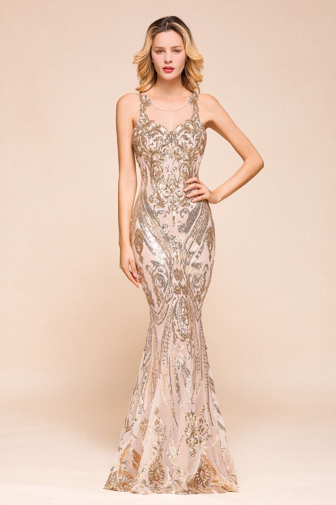 MISSHOW offers Sexy Sleeveless Mermaid Prom Gown Sparkly Gold Pattern Floor Length Straps Evening Dress at a good price from Champagne,Silver,Tulle to Mermaid Floor-length them. Stunning yet affordable Sleeveless Prom Dresses,Evening Dresses.