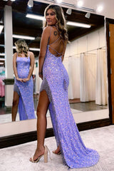 Sexy Spaghetti Straps Mermaid Sleeveless Sequined Prom Dress With Slit-misshow.com