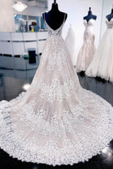 Sexy Spaghetti Straps Sleeveless A-Line Lace Backless Wedding Dresses With Train-misshow.com