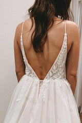 Sexy Spaghetti Straps Sleeveless A-Line Lace Wedding Dresses-misshow.com