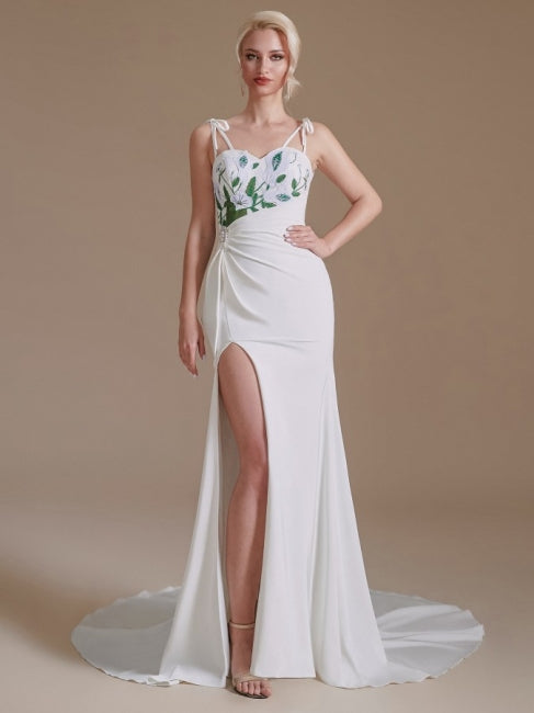 Sexy Spaghetti Straps Sleeveless Mermaid Floor-Length Satin Wedding Dresses-misshow.com