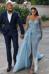 Sexy Sparkly Long Sleeves Mermaid Prom Dresses Evening Gowns With Lace-misshow.com