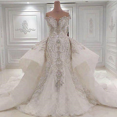 Sexy Strapless Crystals Mermaid Wedding Dresses with Overskirt Long Train-misshow.com