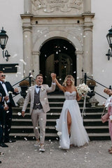 Sexy Strapless Sleeveless Column Floor-Length Tulle Wedding Dresses with Appliques-misshow.com