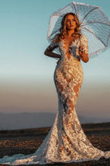 Sexy V-neck Mermaid Lace Wedding dresses with Sleeves-misshow.com