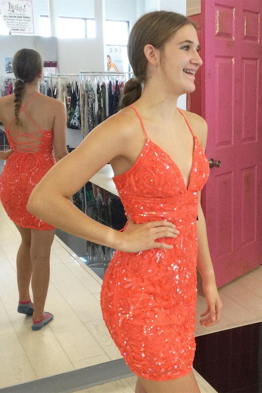 Sexy V-neck Orange Backless Sequined Sleeveless Homecoming Dress With Lace-misshow.com