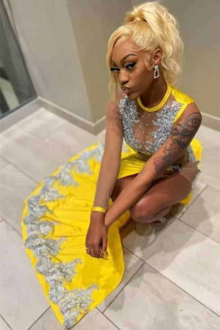 Sexy Yellow Jewel Floor Length Lace Sleeveless Mermaid Prom Dress With Slit-misshow.com