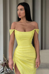 Sexy Yellow Off-the-shoulder Long Prom Dress With Slit-misshow.com