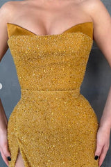 Sexy Yellow Sleeveless Mermaid Prom Dress With Side Slit-misshow.com