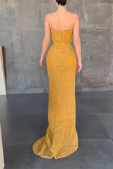 Sexy Yellow Sleeveless Mermaid Prom Dress With Side Slit-misshow.com