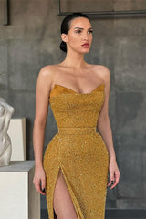 Sexy Yellow Sleeveless Mermaid Prom Dress With Side Slit-misshow.com