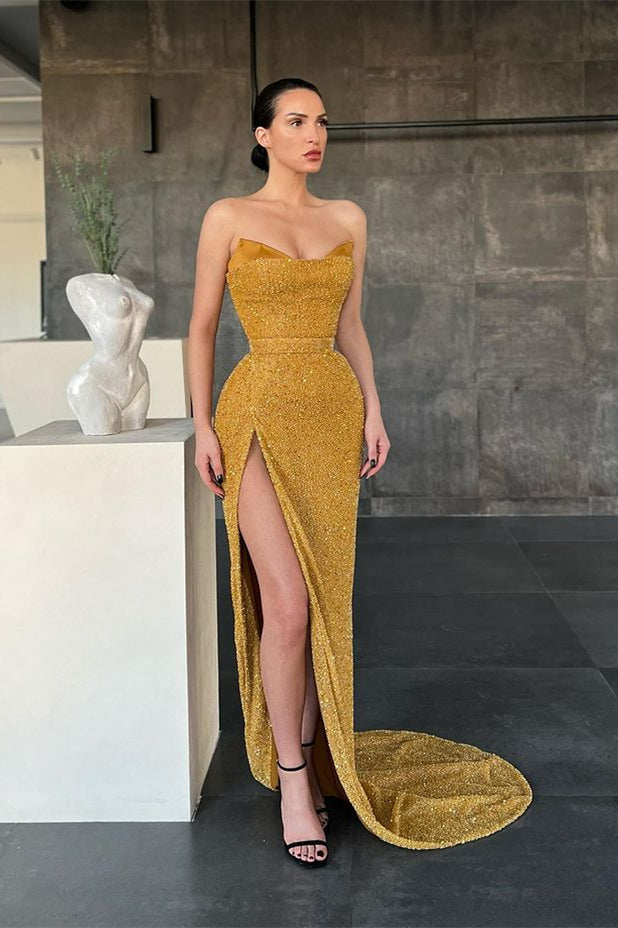 Sexy Yellow Sleeveless Mermaid Prom Dress With Side Slit-misshow.com