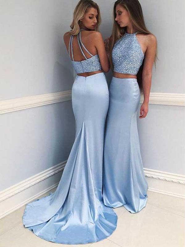 Sheath Halter Sleeveless With Beading Satin Two Piece Prom Dresses