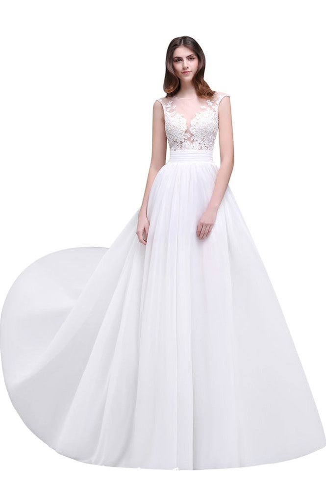 This elegant Jewel 100D Chiffon wedding dress with Lace,Appliques could be custom made in plus size for curvy women. Plus size Sleeveless Column bridal gowns are classic yet cheap.