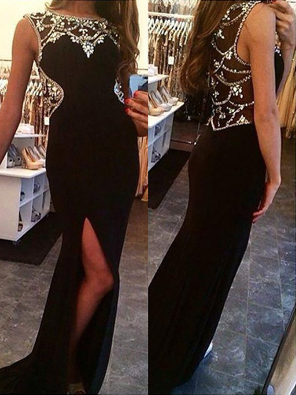 Sheath/Column Bateau Sleeveless Beading Spandex Prom Dresses