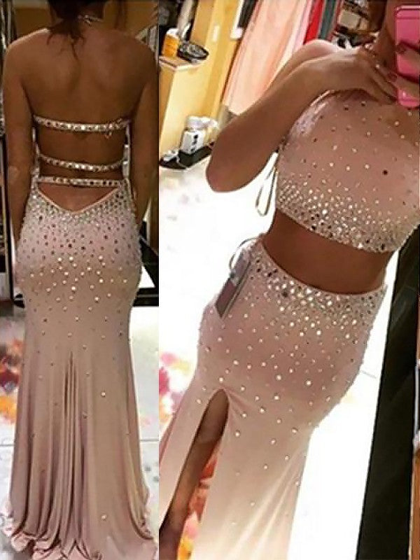 Sheath/Column Halter Sleeveless Beading Spandex Two Piece Prom Dresses