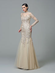 Sheath/Column High Neck Applique Long Sleeves Long Net Prom Dresses