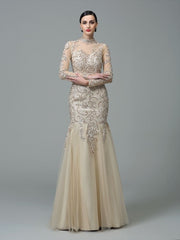 Sheath/Column High Neck Applique Long Sleeves Long Net Prom Dresses