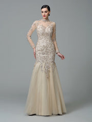 Sheath/Column High Neck Applique Long Sleeves Long Net Prom Dresses