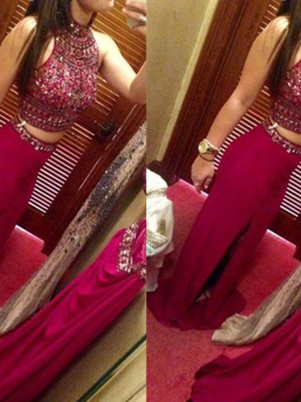 Sheath/Column Jewel Sleeveless Floor-Length Beading Chiffon Two Piece Prom Dresses