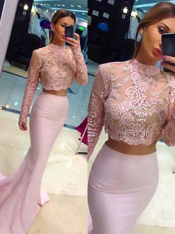 Sheath/Column Long Sleeves Lace High Neck Satin Two Piece Prom Dresses