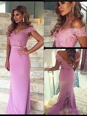 Sheath/Column Off-the-Shoulder Sleeveless Lace Floor-Length Elastic Woven Satin Prom Dresses