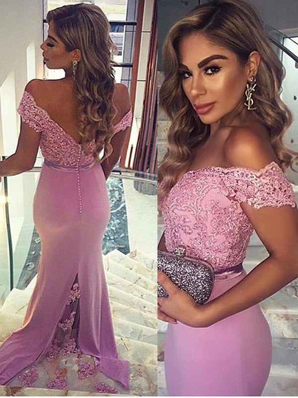 Sheath/Column Off-the-Shoulder Sleeveless Lace Floor-Length Elastic Woven Satin Prom Dresses